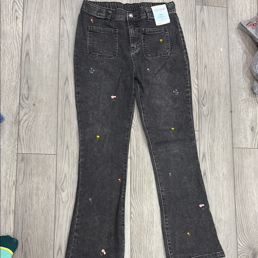 Cat and jack super stretch flare black jeans with embroidered flowers
